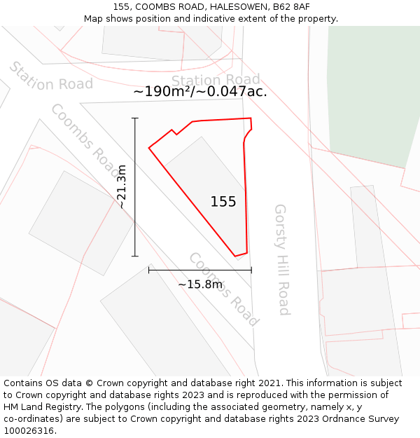 155, COOMBS ROAD, HALESOWEN, B62 8AF: Plot and title map