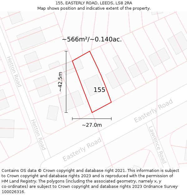 155, EASTERLY ROAD, LEEDS, LS8 2RA: Plot and title map