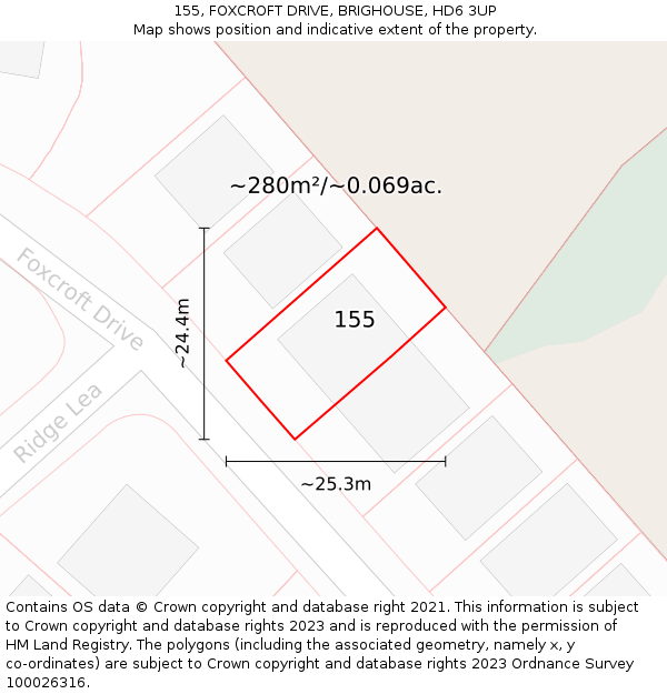 155, FOXCROFT DRIVE, BRIGHOUSE, HD6 3UP: Plot and title map