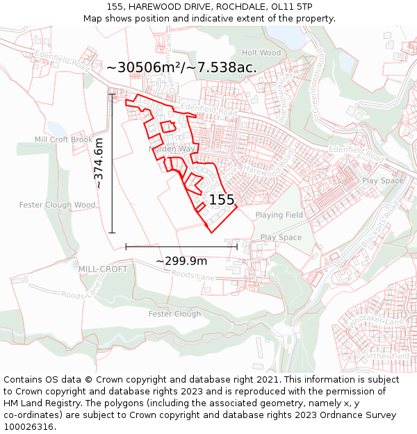 155, HAREWOOD DRIVE, ROCHDALE, OL11 5TP: Plot and title map