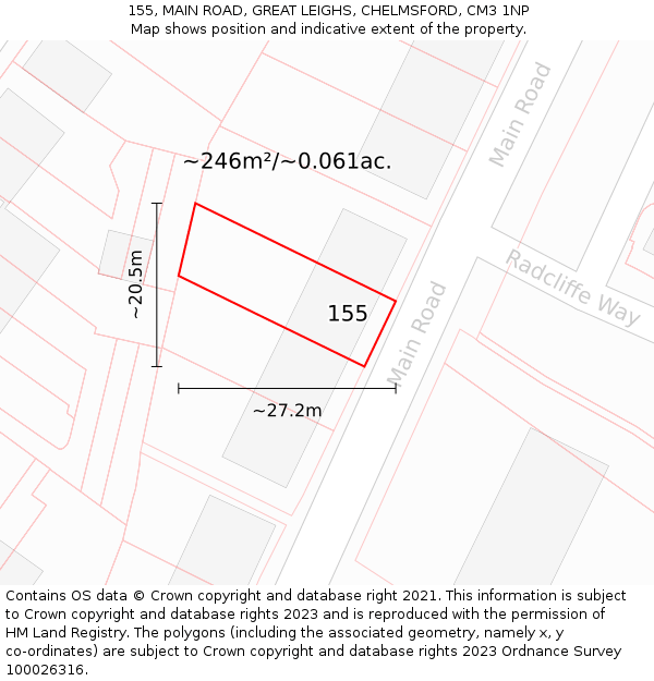 155, MAIN ROAD, GREAT LEIGHS, CHELMSFORD, CM3 1NP: Plot and title map