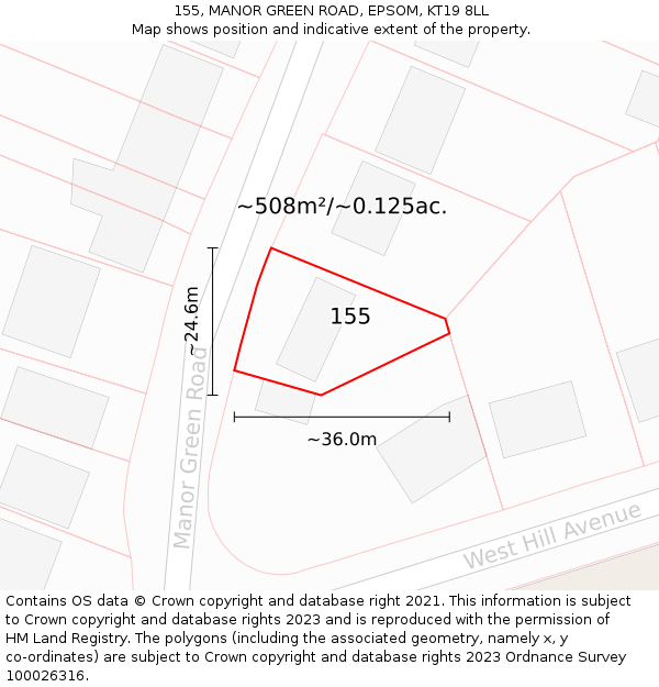 155, MANOR GREEN ROAD, EPSOM, KT19 8LL: Plot and title map