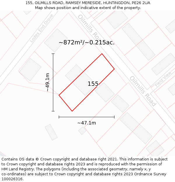 155, OILMILLS ROAD, RAMSEY MERESIDE, HUNTINGDON, PE26 2UA: Plot and title map