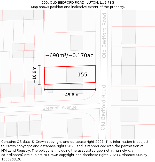 155, OLD BEDFORD ROAD, LUTON, LU2 7EG: Plot and title map