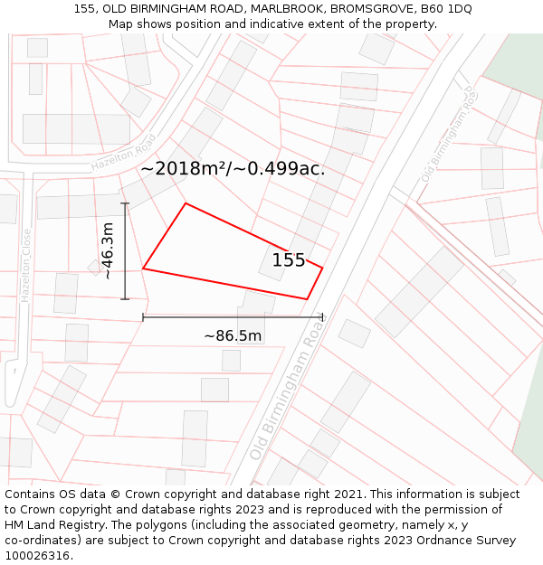 155, OLD BIRMINGHAM ROAD, MARLBROOK, BROMSGROVE, B60 1DQ: Plot and title map