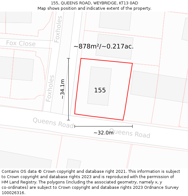 155, QUEENS ROAD, WEYBRIDGE, KT13 0AD: Plot and title map