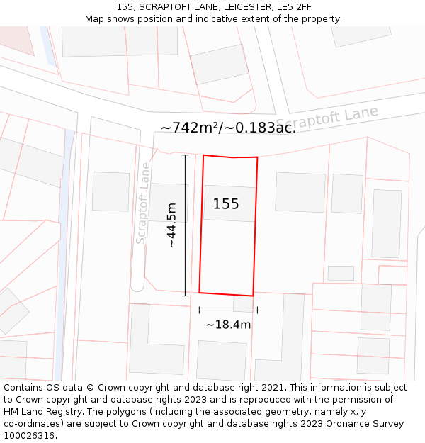 155, SCRAPTOFT LANE, LEICESTER, LE5 2FF: Plot and title map