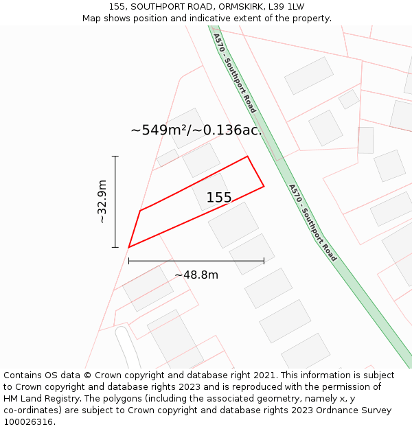 155, SOUTHPORT ROAD, ORMSKIRK, L39 1LW: Plot and title map