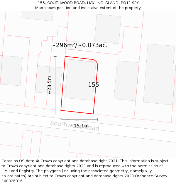 155, SOUTHWOOD ROAD, HAYLING ISLAND, PO11 9PY: Plot and title map