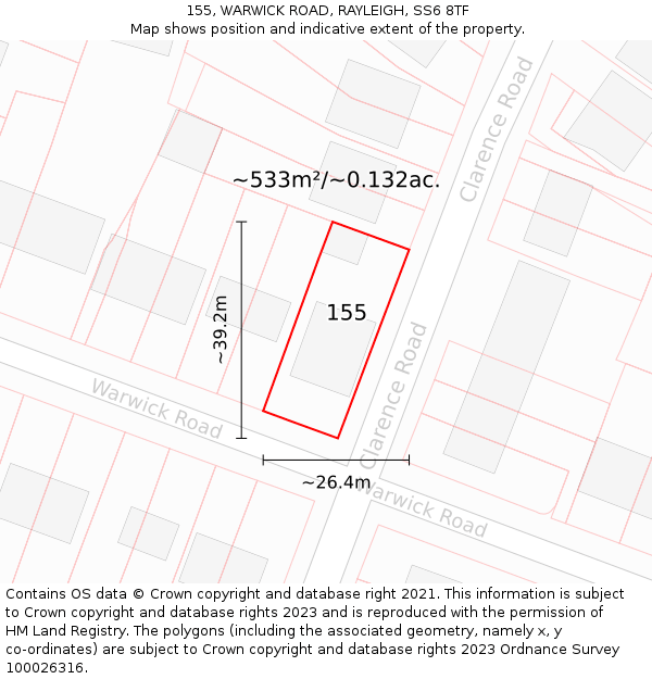 155, WARWICK ROAD, RAYLEIGH, SS6 8TF: Plot and title map