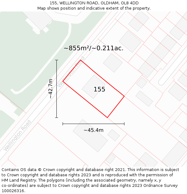 155, WELLINGTON ROAD, OLDHAM, OL8 4DD: Plot and title map