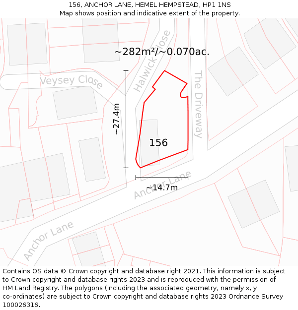 156, ANCHOR LANE, HEMEL HEMPSTEAD, HP1 1NS: Plot and title map