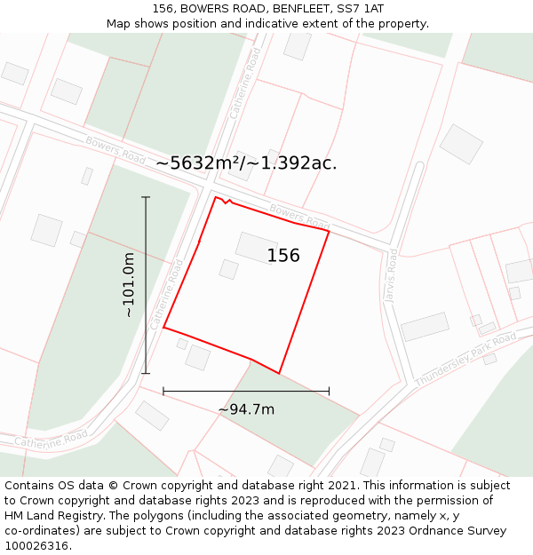 156, BOWERS ROAD, BENFLEET, SS7 1AT: Plot and title map