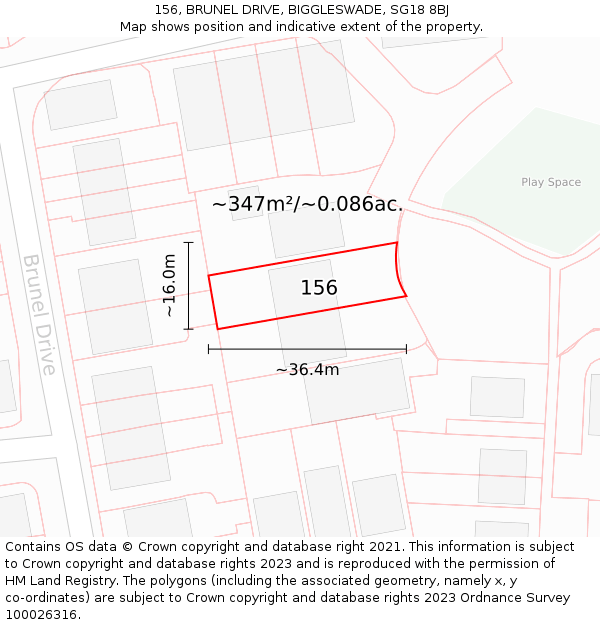 156, BRUNEL DRIVE, BIGGLESWADE, SG18 8BJ: Plot and title map