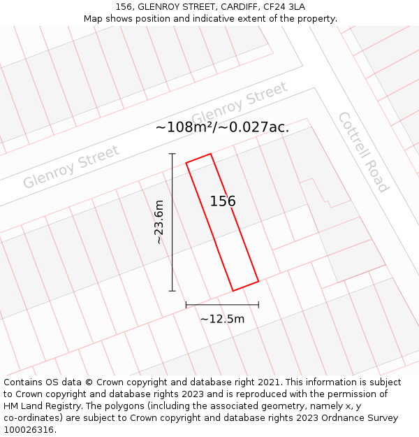 156, GLENROY STREET, CARDIFF, CF24 3LA: Plot and title map