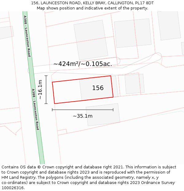 156, LAUNCESTON ROAD, KELLY BRAY, CALLINGTON, PL17 8DT: Plot and title map