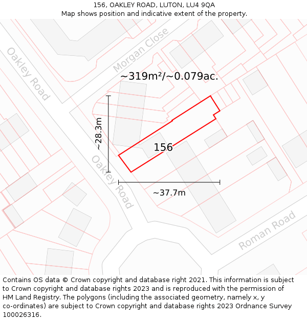 156, OAKLEY ROAD, LUTON, LU4 9QA: Plot and title map