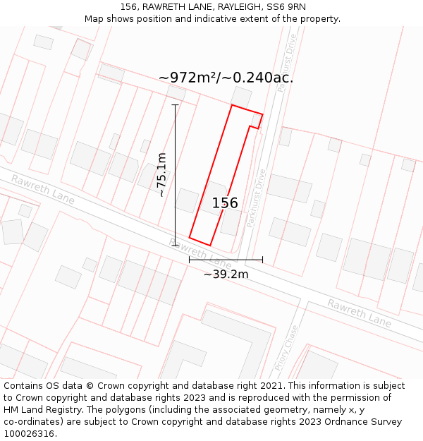 156, RAWRETH LANE, RAYLEIGH, SS6 9RN: Plot and title map