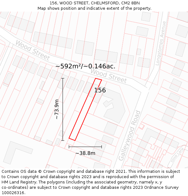 156, WOOD STREET, CHELMSFORD, CM2 8BN: Plot and title map