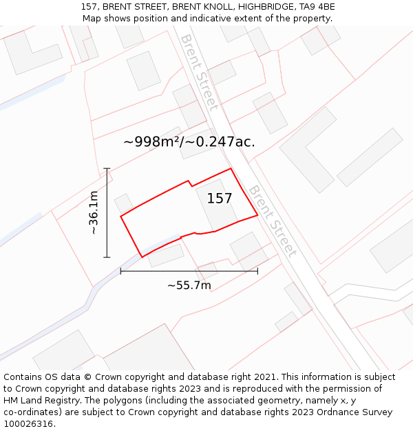 157, BRENT STREET, BRENT KNOLL, HIGHBRIDGE, TA9 4BE: Plot and title map