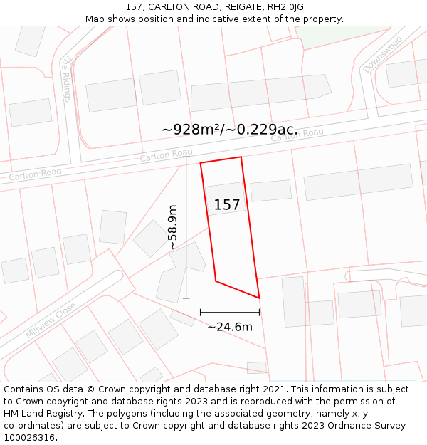 157, CARLTON ROAD, REIGATE, RH2 0JG: Plot and title map