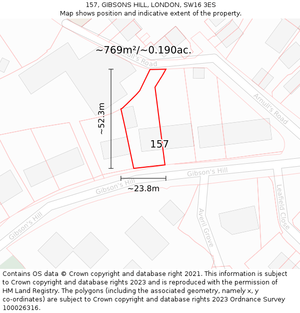 157, GIBSONS HILL, LONDON, SW16 3ES: Plot and title map