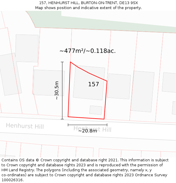 157, HENHURST HILL, BURTON-ON-TRENT, DE13 9SX: Plot and title map