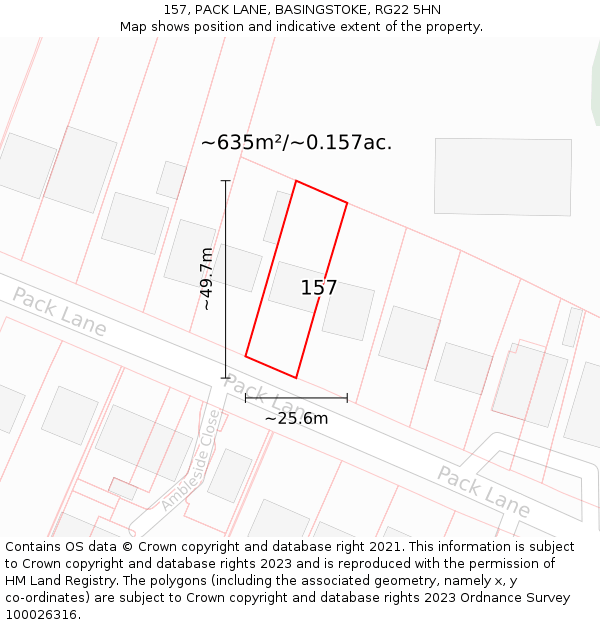 157, PACK LANE, BASINGSTOKE, RG22 5HN: Plot and title map