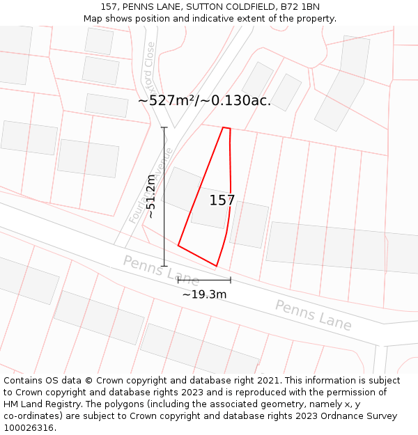 157, PENNS LANE, SUTTON COLDFIELD, B72 1BN: Plot and title map