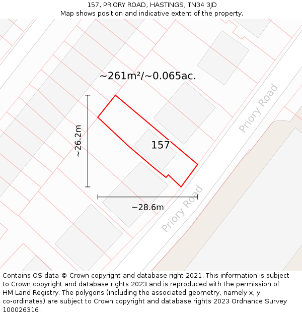 157, PRIORY ROAD, HASTINGS, TN34 3JD: Plot and title map