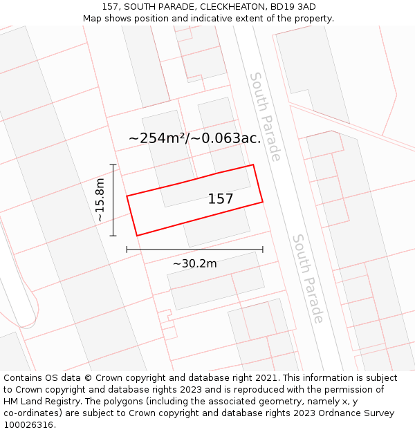 157, SOUTH PARADE, CLECKHEATON, BD19 3AD: Plot and title map