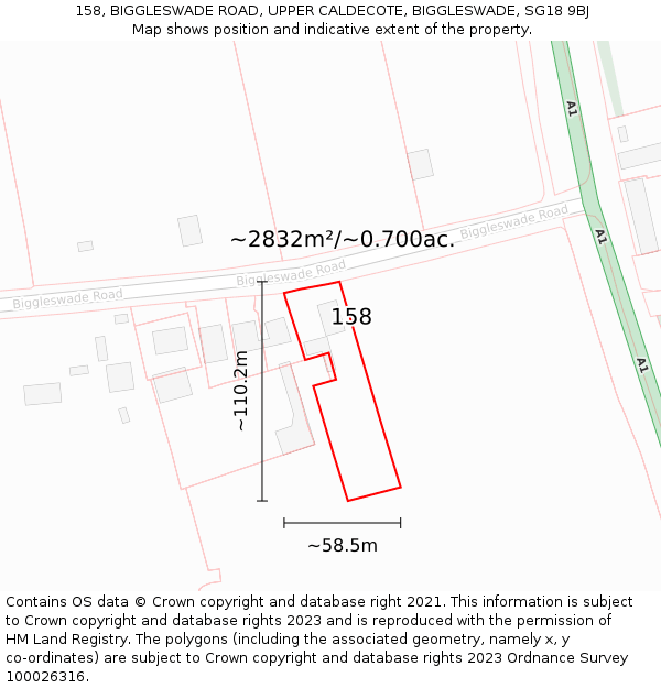 158, BIGGLESWADE ROAD, UPPER CALDECOTE, BIGGLESWADE, SG18 9BJ: Plot and title map