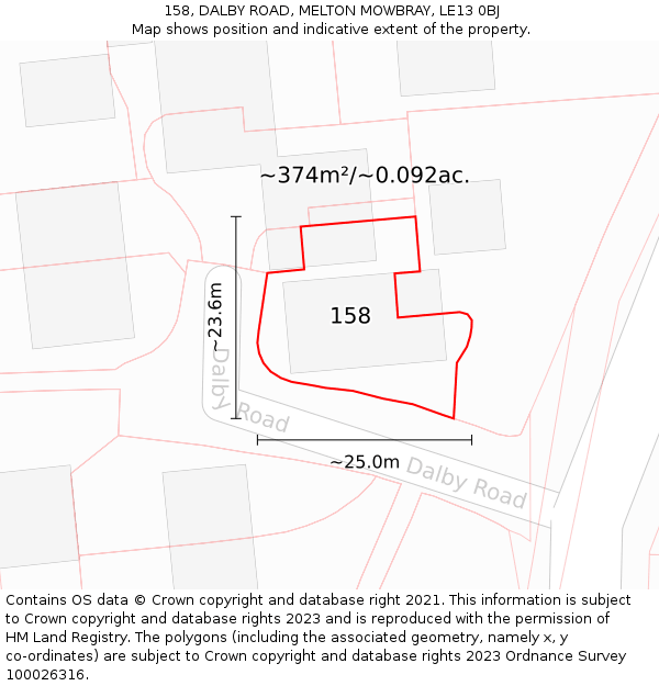 158, DALBY ROAD, MELTON MOWBRAY, LE13 0BJ: Plot and title map