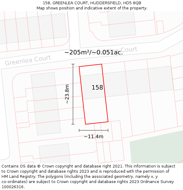 158, GREENLEA COURT, HUDDERSFIELD, HD5 8QB: Plot and title map