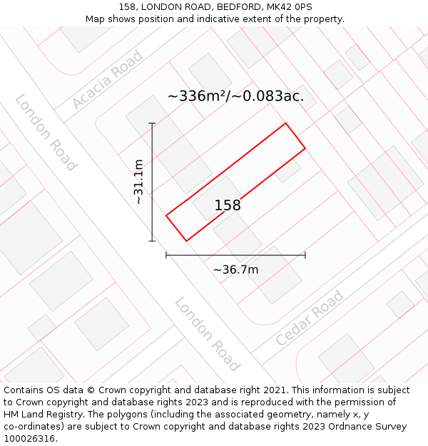 158, LONDON ROAD, BEDFORD, MK42 0PS: Plot and title map