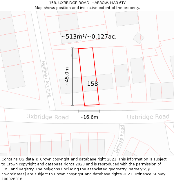 158, UXBRIDGE ROAD, HARROW, HA3 6TY: Plot and title map