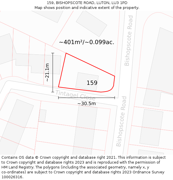 159, BISHOPSCOTE ROAD, LUTON, LU3 1PD: Plot and title map