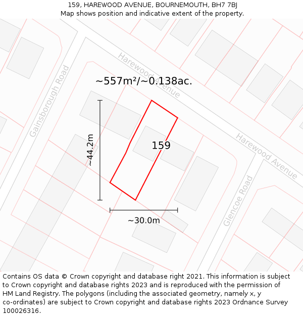 159, HAREWOOD AVENUE, BOURNEMOUTH, BH7 7BJ: Plot and title map