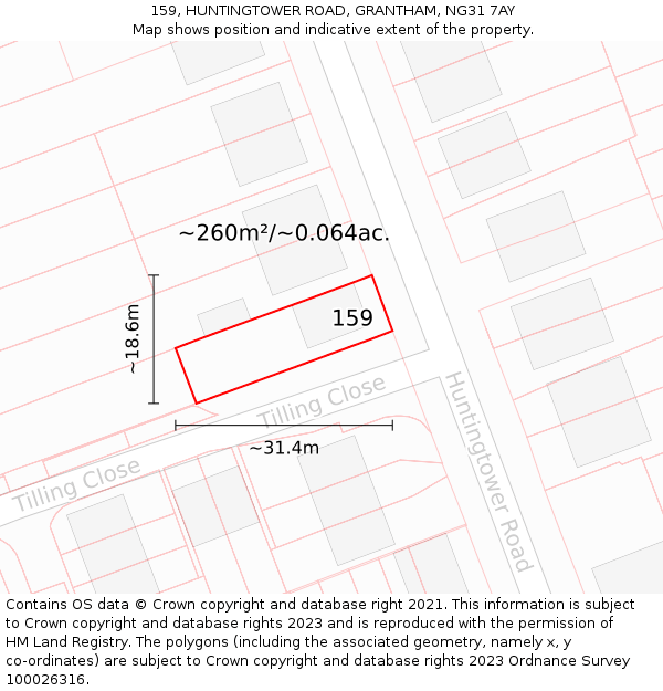 159, HUNTINGTOWER ROAD, GRANTHAM, NG31 7AY: Plot and title map