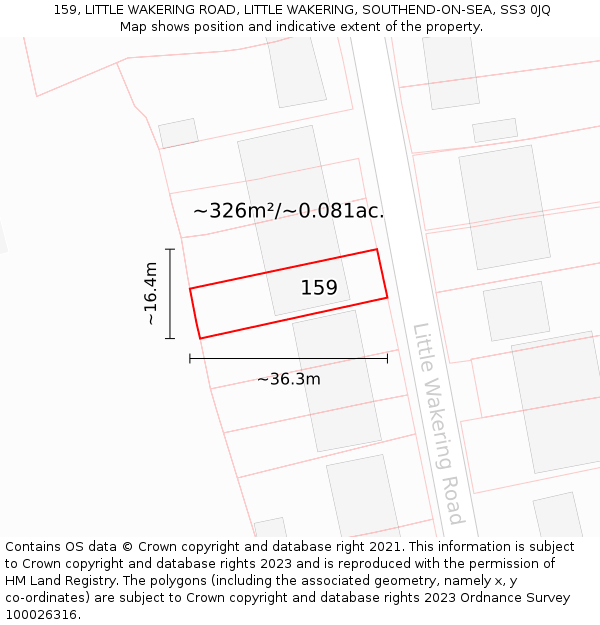 159, LITTLE WAKERING ROAD, LITTLE WAKERING, SOUTHEND-ON-SEA, SS3 0JQ: Plot and title map