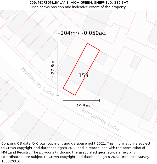 159, MORTOMLEY LANE, HIGH GREEN, SHEFFIELD, S35 3HT: Plot and title map