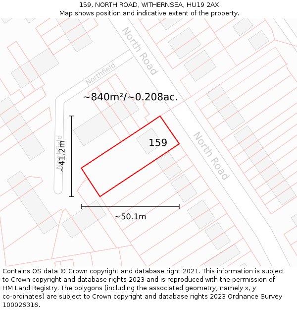 159, NORTH ROAD, WITHERNSEA, HU19 2AX: Plot and title map
