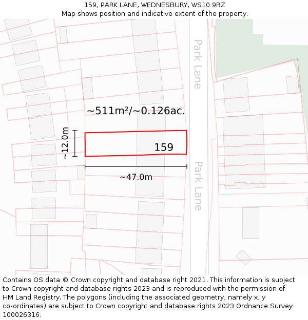 159, PARK LANE, WEDNESBURY, WS10 9RZ: Plot and title map