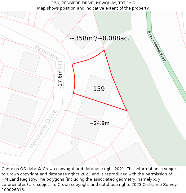 159, PENMERE DRIVE, NEWQUAY, TR7 1NS: Plot and title map