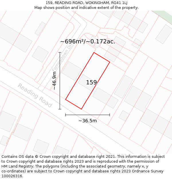 159, READING ROAD, WOKINGHAM, RG41 1LJ: Plot and title map