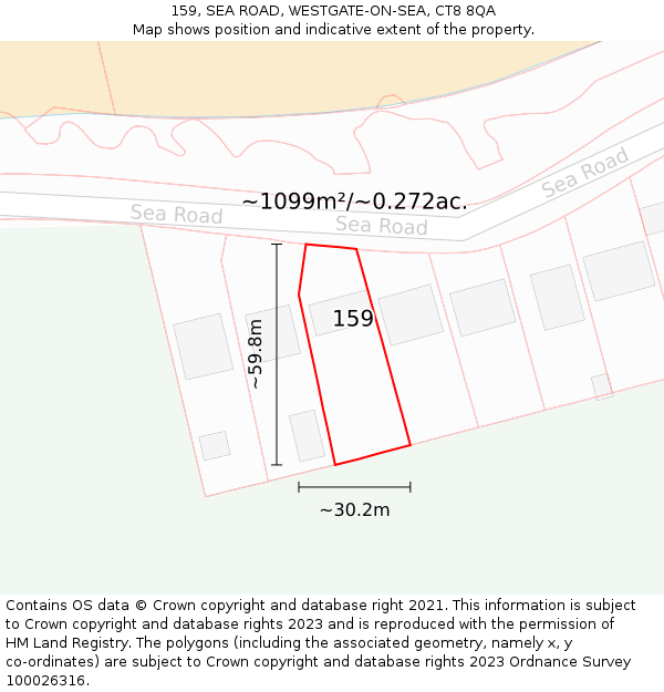 159, SEA ROAD, WESTGATE-ON-SEA, CT8 8QA: Plot and title map