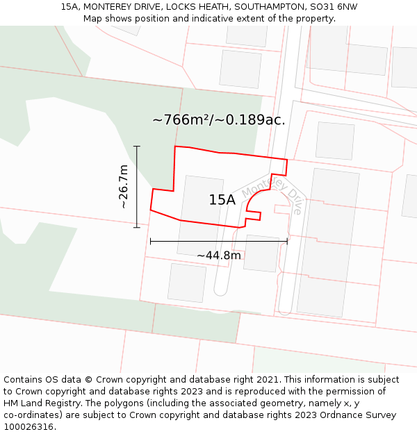 15A, MONTEREY DRIVE, LOCKS HEATH, SOUTHAMPTON, SO31 6NW: Plot and title map