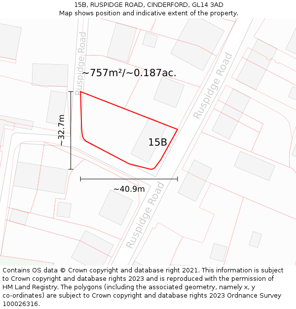 15B, RUSPIDGE ROAD, CINDERFORD, GL14 3AD: Plot and title map