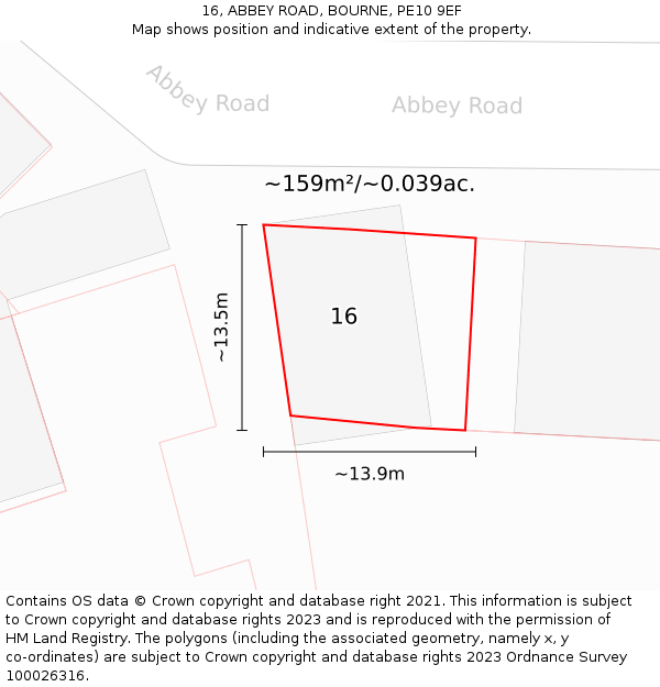 16, ABBEY ROAD, BOURNE, PE10 9EF: Plot and title map
