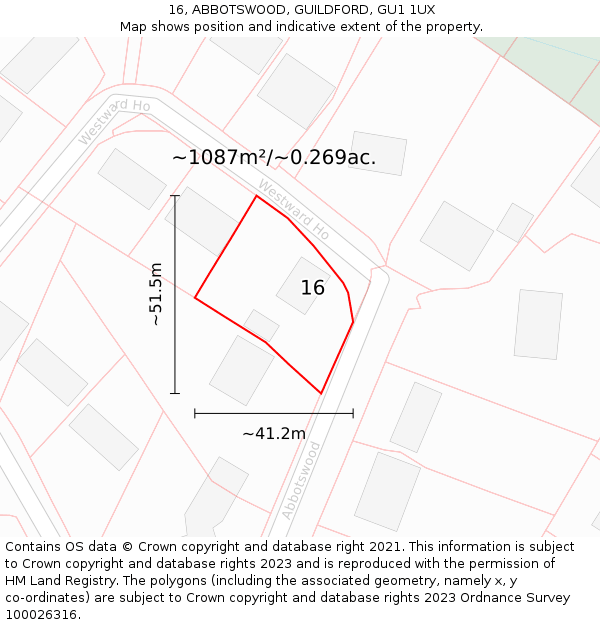 16, ABBOTSWOOD, GUILDFORD, GU1 1UX: Plot and title map